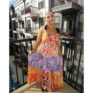 Sky to Moon Floral Print‎ Maxi Dress Black Tie Strap Sleeveless Sundress Small